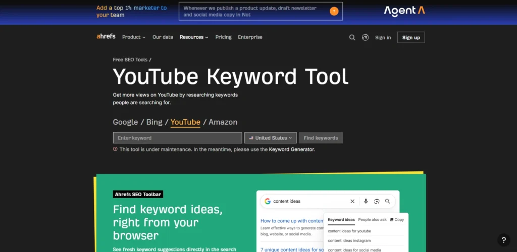Youtube SEO Tools-Ahrefs Yo‍uTube Keyword Tool