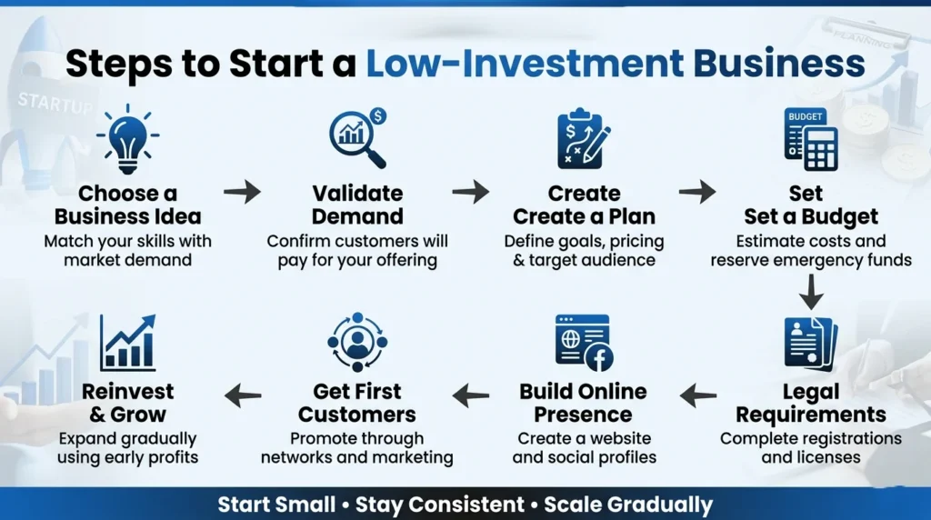 steps to start a low-investment business, from idea selection and planning to marketing, customers, and growth.