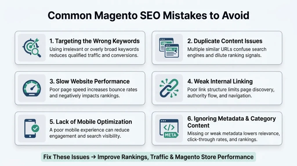 Infographic highlighting six common Magento SEO mistakes including keyword targeting, duplicate content, slow speed, mobile optimization, metadata issues.