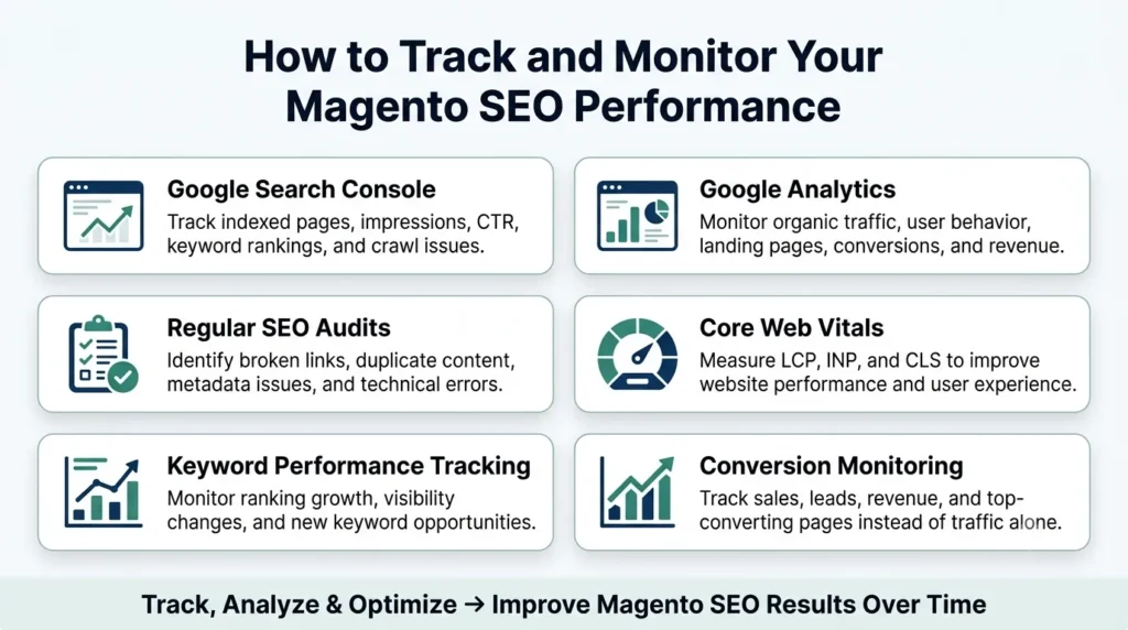 Infographic showing six Magento SEO performance tracking methods including Search Console, Analytics, audits, Core Web Vitals, keywords, conversions.S