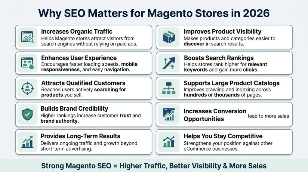 Infographic explaining Magento SEO benefits including organic traffic, rankings, visibility, user experience, credibility, conversions, and business growth.